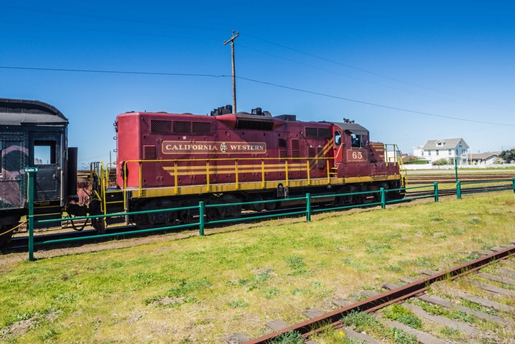 a red train engine in Fort Bragg