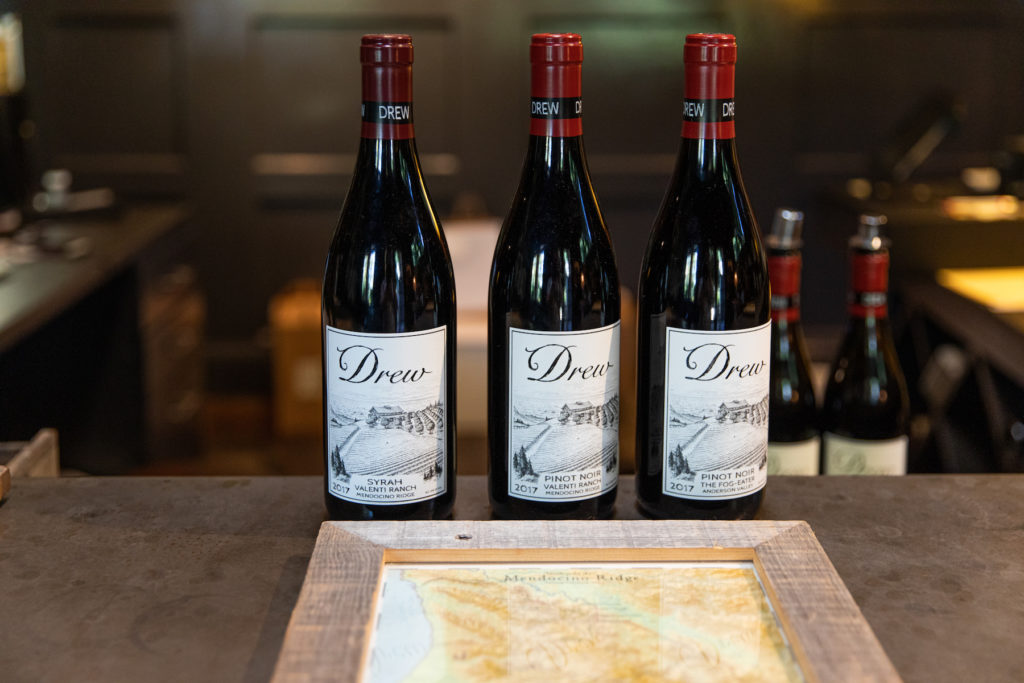 three bottles of Drew wine on the counter